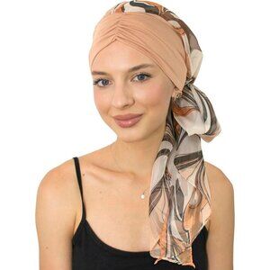 Women’s Beige Waves Scarf Skull Cap Chemo Headwear Hair Loss Turban
